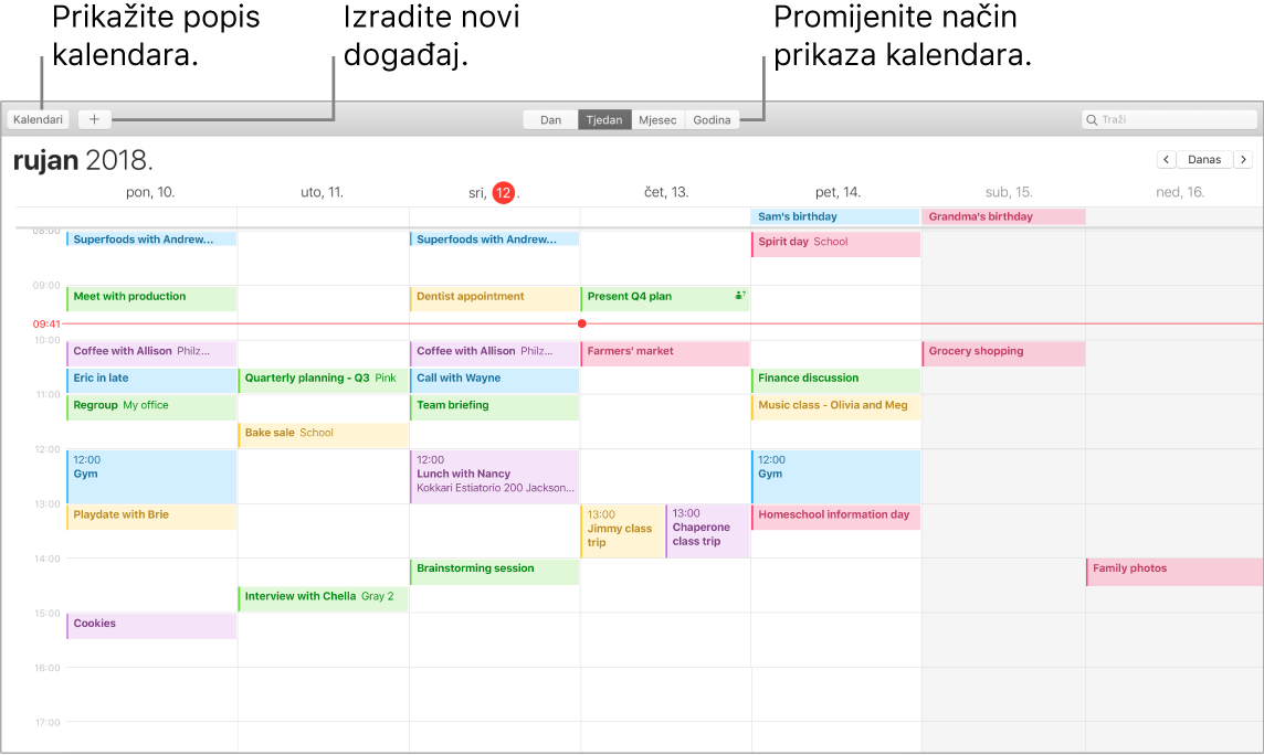Prozor Kalendara koji prikazuje kako izraditi događaj, prikazati popis kalendara i odabrati prikaz Dan, Tjedan, Mjesec ili Godina.