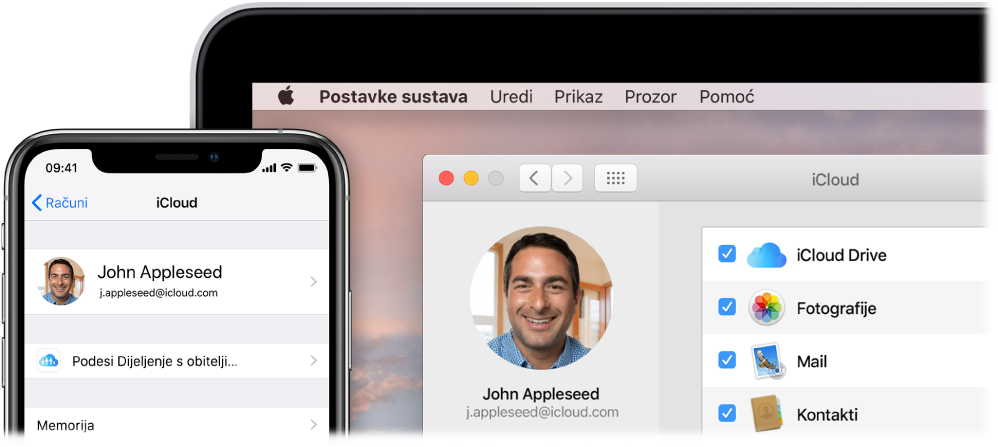 iPhone prikazuje iCloud postavke, a zaslon Maca prikazuje iCloud prozor.
