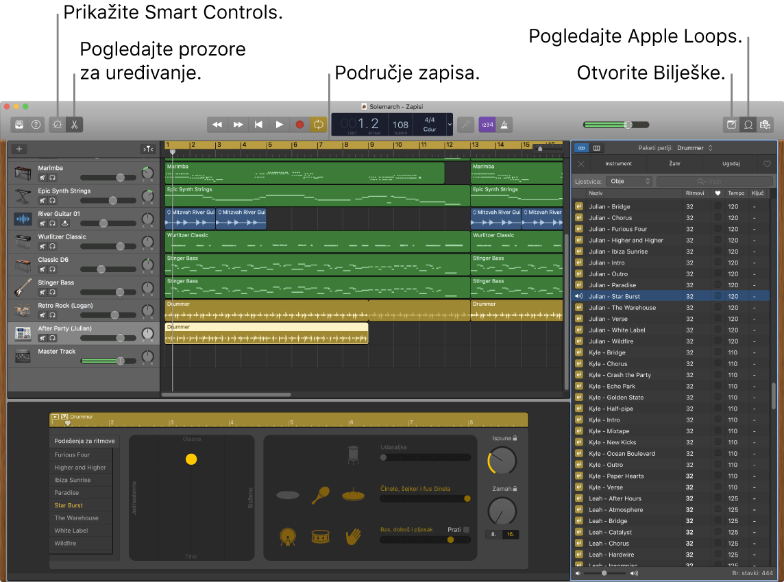 Prozor aplikacije GarageBand prikazuje tipke za pristup postavkama Smart Controls, Urednici, Bilješke i Apple Loops. Prikazuje i prikaz zapisa.