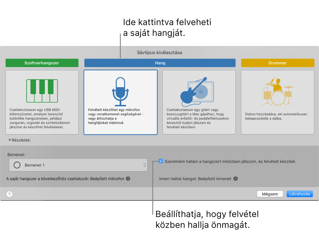 A GarageBand hangszerpanele, amelyen megtekintheti, hová kell kattintania a hang rögzítéséhez, és hogyan hallgathatja magát felvételkor.