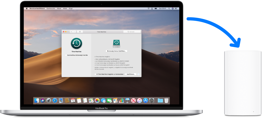 A MacBook Pro képernyője a Time Machine biztonsági mentési ablakával. A MacBook Pro vezeték nélkül kapcsolódik az AirPort Time Capsule-hoz.