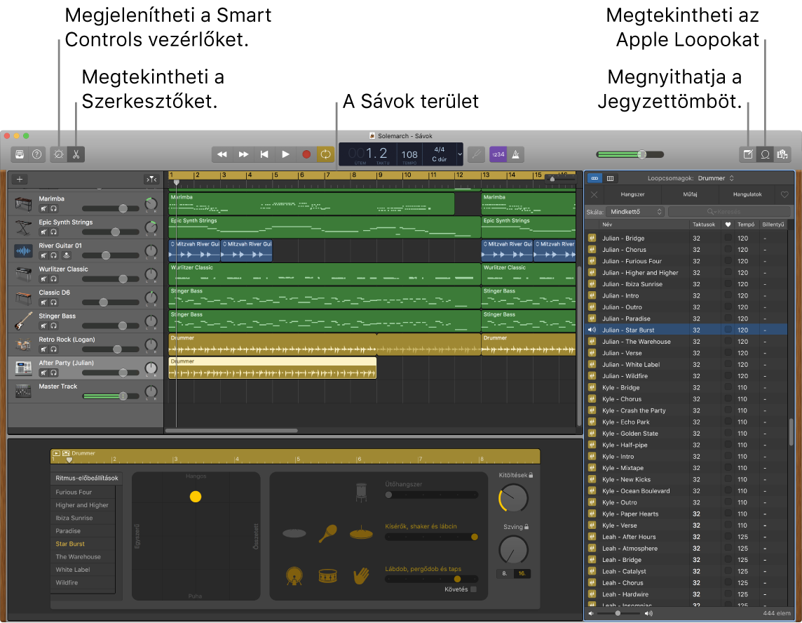 A GarageBand ablaka, amelyben az Intelligens vezérlők, a Szerkesztők, a Jegyzetek és az Apple Loopok elérésére szolgáló gombok láthatóak. A sávok nézete is látható.