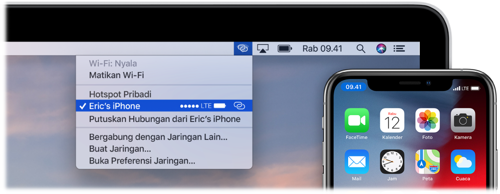 Layar Mac dengan menu Wi-Fi menampilkan Hotspot Pribadi yang terhubung ke iPhone.