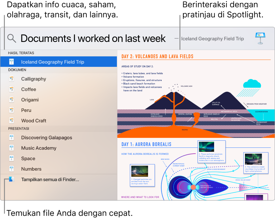 Jendela Spotlight menampilkan hasil pencarian di sebelah kiri dan pratinjau di sebelah kanan.