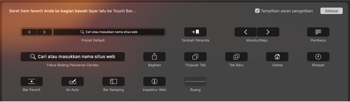 Pilihan Sesuaikan Safari yang dapat diseret ke Touch Bar.