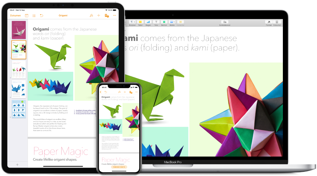 Konten yang identik ditampilkan di MacBook Pro, iPad, dan iPhone.