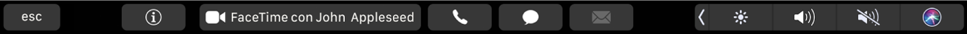 La Touch Bar di FaceTime con i pulsanti per ottenere informazioni su un contatto e per effettuare una chiamata video o audio o inviare un messaggio o un'e-mail.