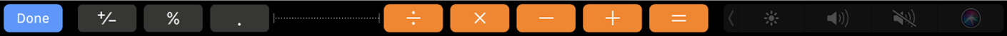 Сол жағында Done түймесі бар өңдеу режиміндегі Touch Bar for Calculator.