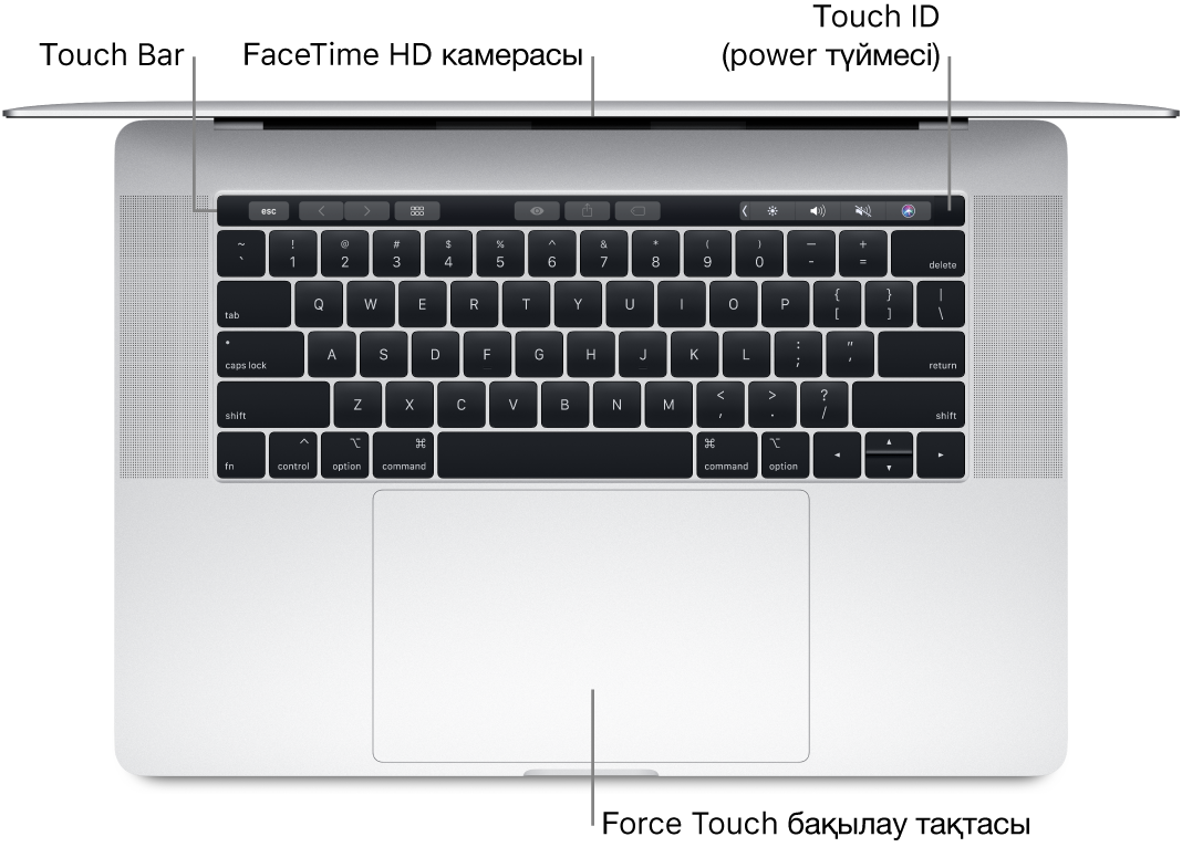Touch Bar құралына, FaceTime HD камерасына, Touch ID құралына (қуат түймесі) және Force Touch тақтасына тілше деректері бар ашық MacBook Pro компьютерінің төменгі көрінісі.
