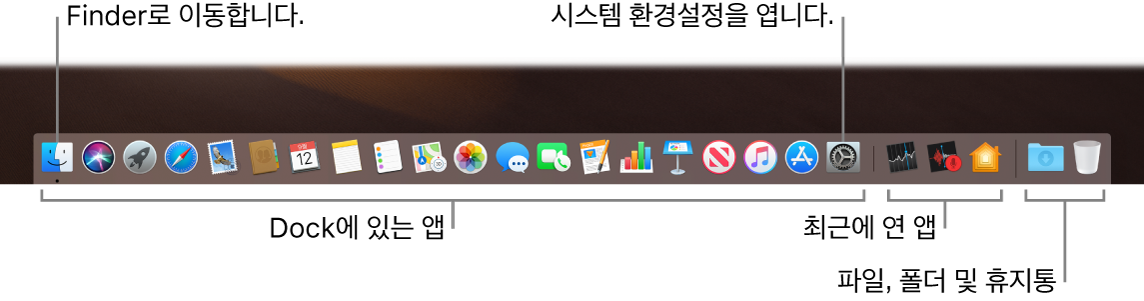 Finder, 시스템 환경설정 및 파일 및 폴더를 앱들과 분리하는 Dock의 줄.