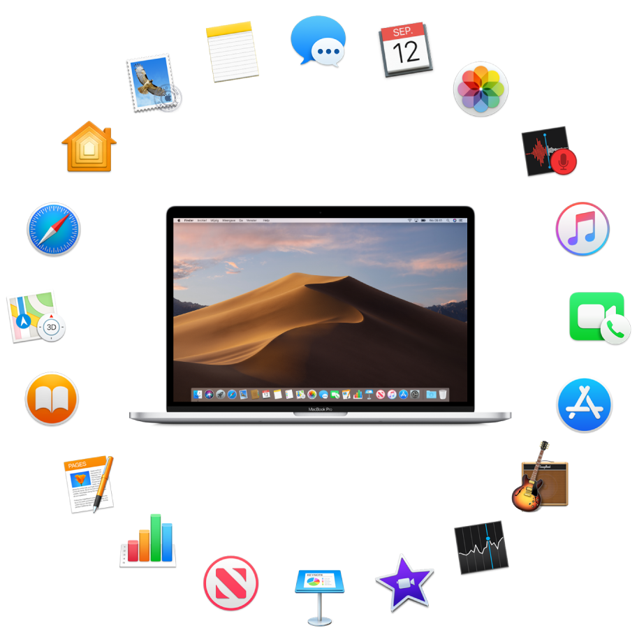 Een MacBook Pro omringd door symbolen voor de apps die standaard worden meegeleverd en die hierna worden beschreven.