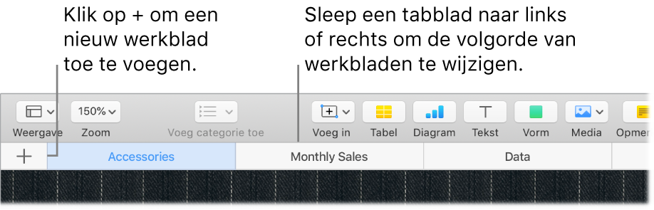 Numbers-venster waarin je ziet hoe je een nieuw blad toevoegt en hoe je de volgorde van bladen wijzigt.