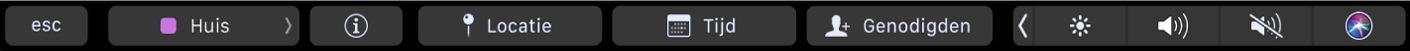 De Touch Bar voor Agenda met knoppen voor het kiezen van agenda's, voor meer informatie over de activiteit, het wijzigen van de locatie, het wijzigen van de tijd en het toevoegen van genodigden.