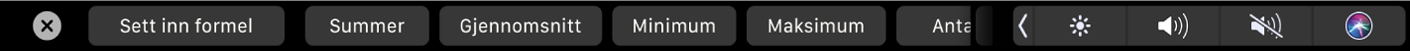 Touch Bar for Numbers med formelknapper. Noen av knappene som vises, er summer, gjennomsnitt, minimum, maksimum og antall.