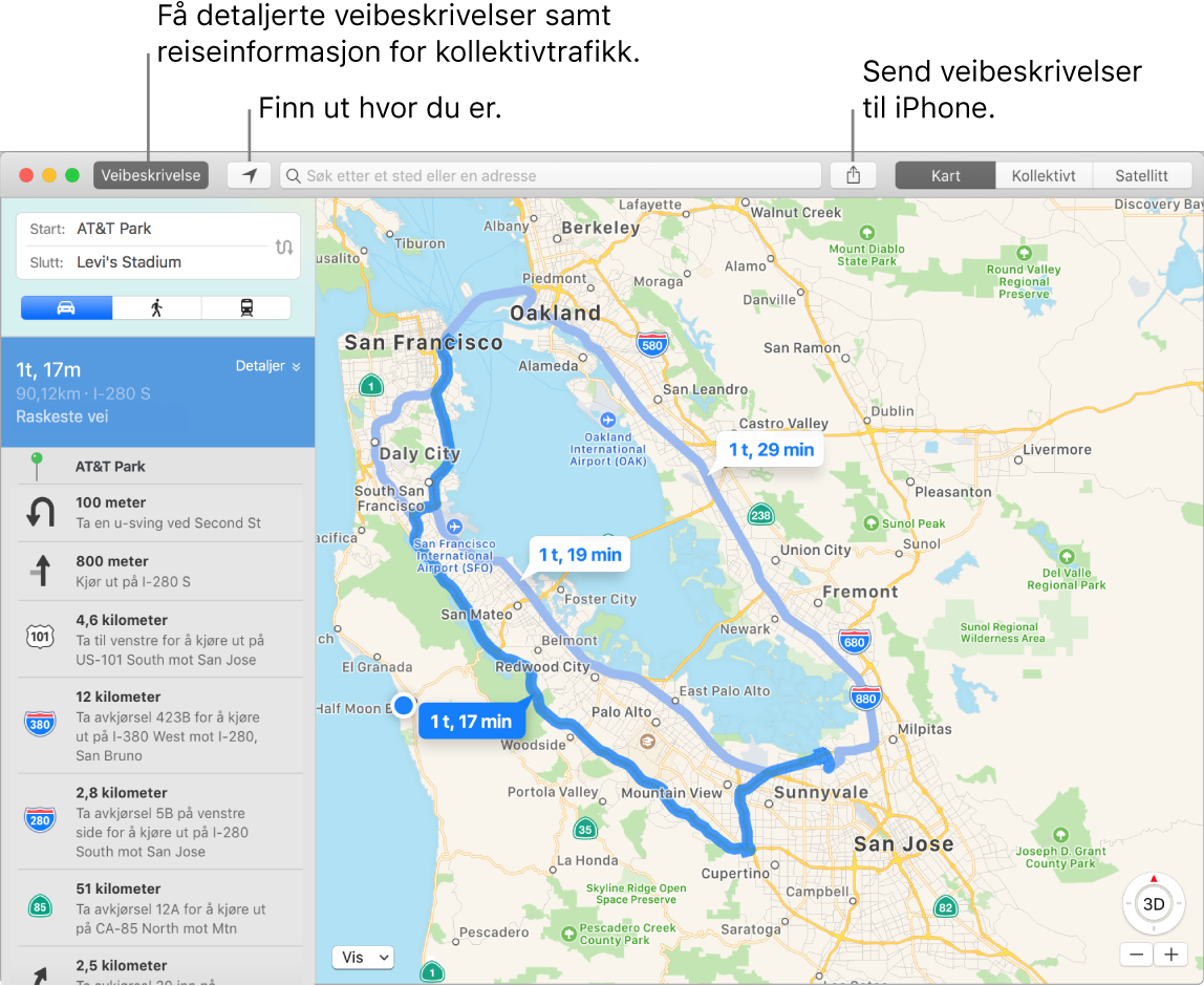 Kart-vindu som viser hvordan du får en veibeskrivelse ved å klikke på Veibeskrivelse øverst til venstre, og hvordan du sender en veibeskrivelse til iPhone ved hjelp av Del-knappen.