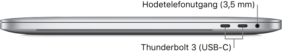 Høyre side av en MacBook Pro med bildeforklaringer for de to Thunderbolt 3-portene (USB-C) og hodetelefonutgangen på 3,5 mm.