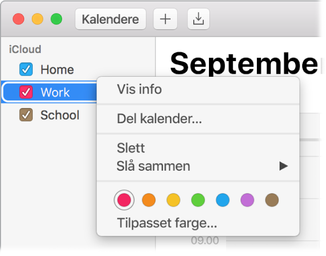 Kalender-snarveismenyen med alternativer for å endre fargen for en kalender.