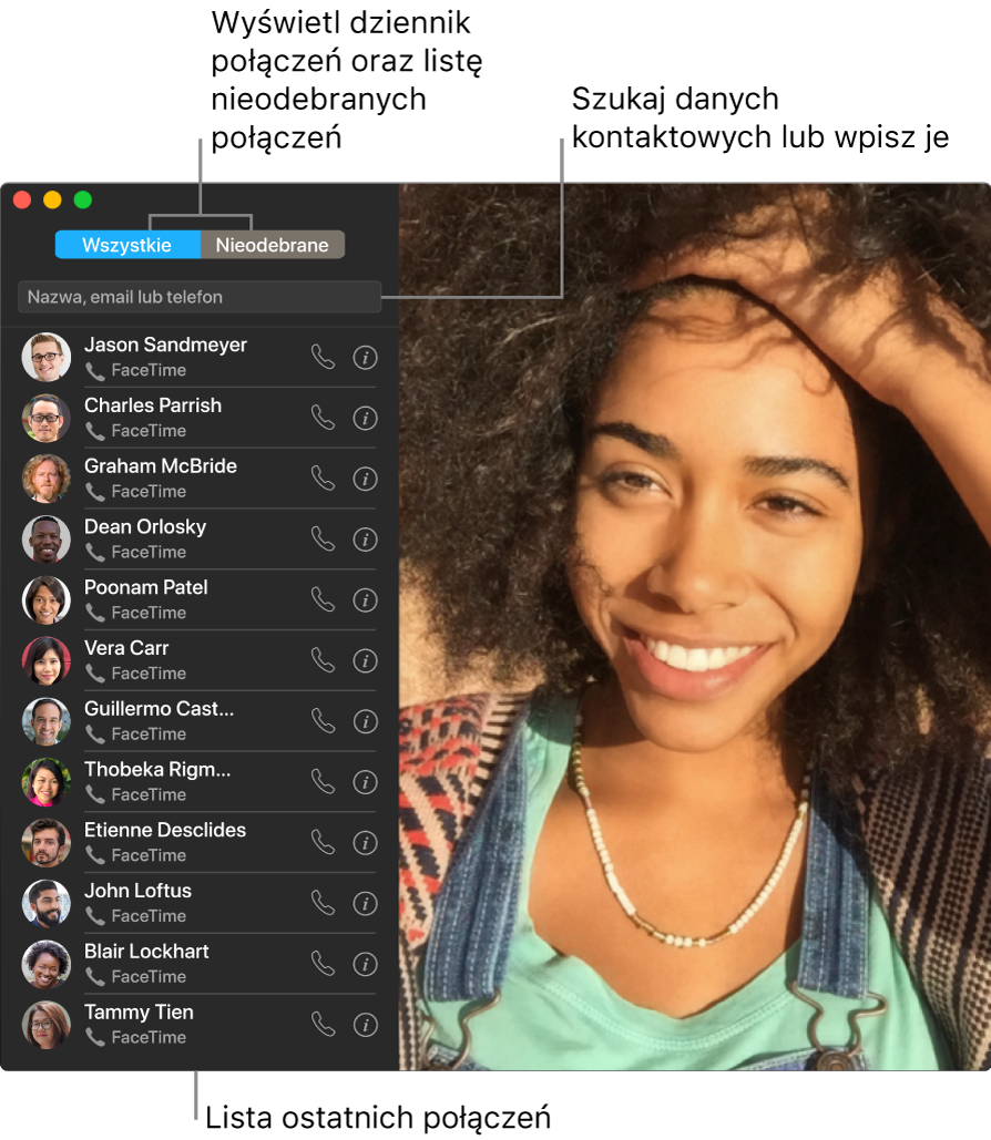 Okno aplikacji FaceTime z opisami przycisków wyboru połączenia wideo lub audio oraz pola wyszukiwania kontaktów; wyświetlana jest także lista ostatnich połączeń.
