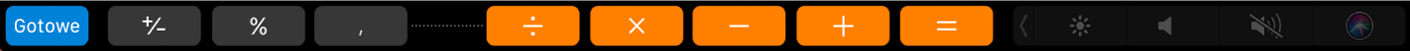 Pasek Touch Bar w aplikacji Kalkulator, wyświetlany w trybie edycji, z widocznym po lewej przyciskiem Gotowe.