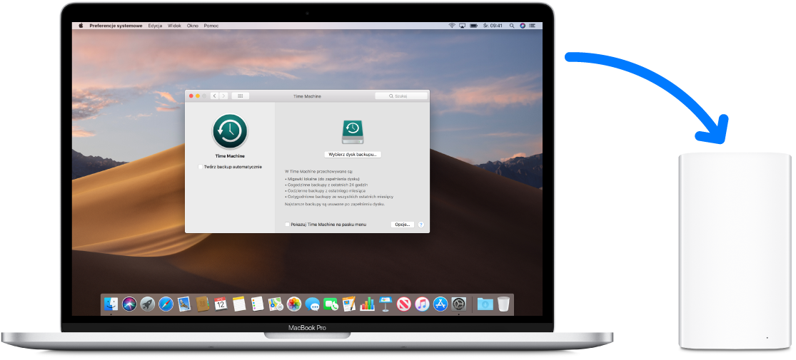 Ekran MacBooka Pro z oknem backupu Time Machine. MacBook Pro jest podłączony bezprzewodowo z AirPort Time Capsule.