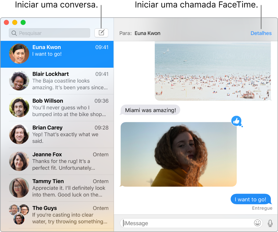 Janela de Mensagens a mostrar como iniciar uma conversa e como iniciar uma chamada FaceTime.