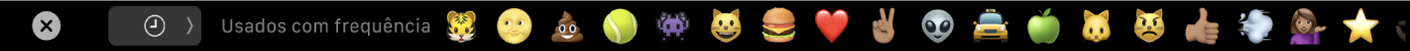 A Touch Bar da aplicação Mensagens que mostra as opções de emoji mais utilizados e o botão para selecionar as diferentes categorias de emoji.