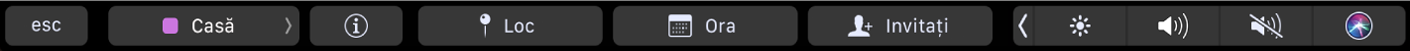 Touch Bar pentru Calendar cu butoane pentru alegerea calendarelor, vizualizarea detaliilor evenimentului, editarea locului, editarea orei și adăugarea invitaților.