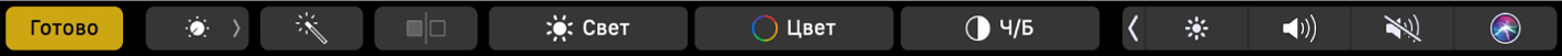 Панель Touch Bar. Показаны кнопки редактирования фотографий (обрезка, применение фильтров, регулировка яркости и ретушь), а также кнопка перехода к другим функциям.