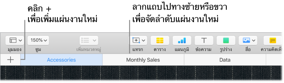 หน้าต่าง Numbers ที่แสดงวิธีเพิ่มแผ่นงานใหม่และวิธีเรียงลำดับแผ่นงานอีกครั้ง