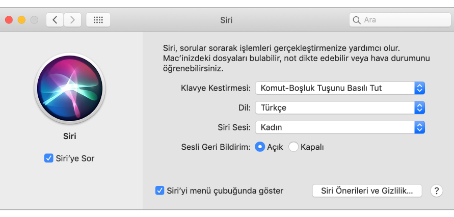 Sol tarafta Siri’yi Etkinleştir seçili halde olan ve sağ tarafta çeşitli Siri’yi özelleştirme seçenekleri bulunan Siri tercihleri penceresi.