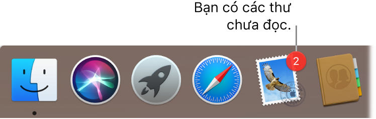 Một phần của Dock đang hiển thị biểu tượng ứng dụng Mail, với một biểu trưng cho biết số thư chưa đọc.