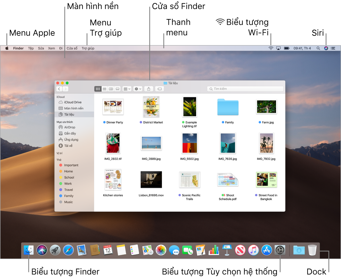 Một màn hình máy Mac đang hiển thị menu Apple, màn hình nền, menu Trợ giúp, cửa sổ Finder, thanh menu, biểu tượng Wi-Fi, biểu tượng Hỏi Siri, biểu tượng Finder, biểu tượng Tùy chọn hệ thống và Dock.