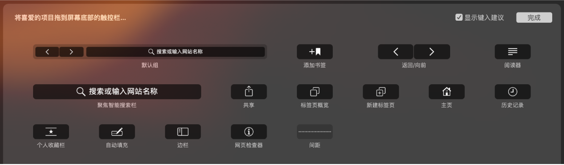 可拖到触控栏中的“自定 Safari 浏览器”选项。