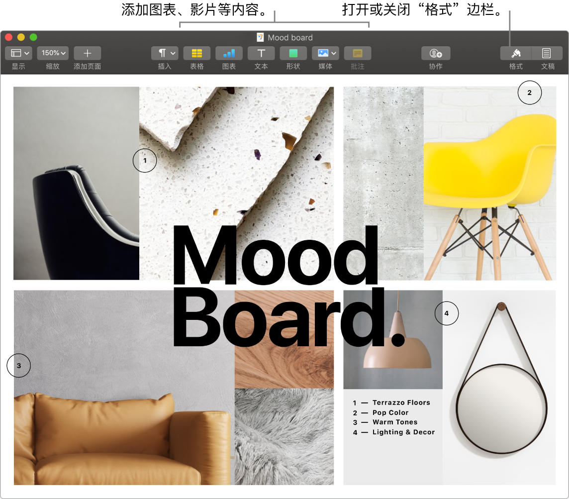 Pages 文稿窗口,顶部显示工具栏及其编辑工具,“共享”按钮位于顶部中间附近,“格式”边栏位于右侧。