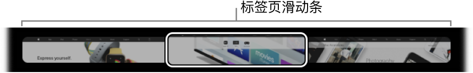 Safari 浏览器触控栏中的标签页滑动条。它显示每个打开的标签页的小预览图。