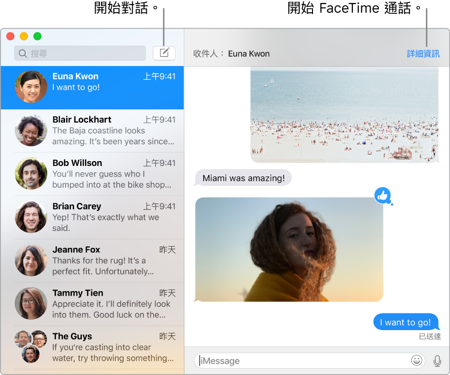 「訊息」視窗,顯示如何開始對話以及如何開始 FaceTime 通話。