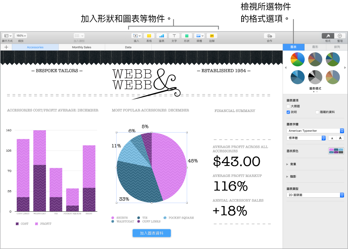Numbers 視窗帶有說明文字指向可加入的物件類型,以及指向物件的格式選項。