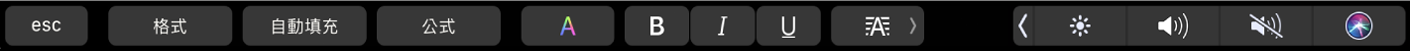 Numbers 觸控列帶有下列按鈕:格式、自動填充和公式按鈕。也包含顏色、粗體、斜體、底線和對齊等文字格式按鈕。