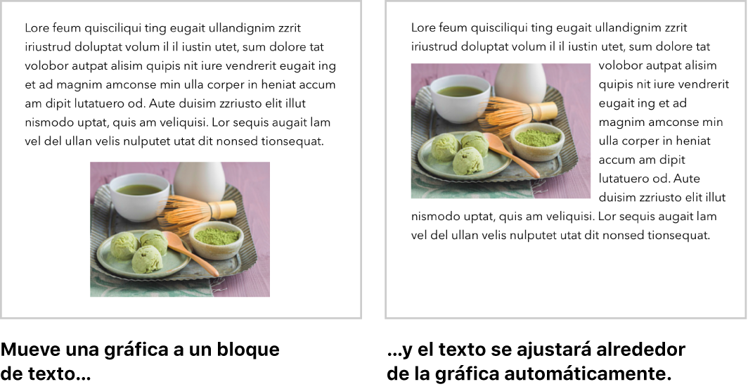 Ventana de Pages mostrando cómo el texto se ajusta alrededor de las imágenes.