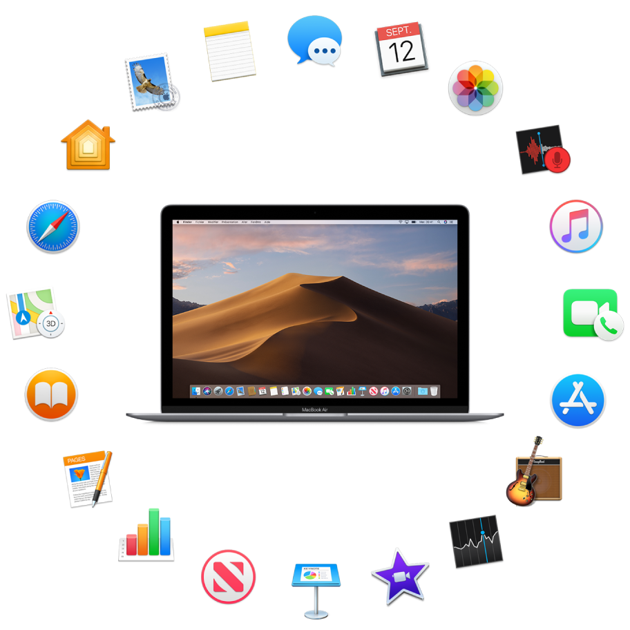 Un MacBook Air autour duquel sont représentées les icônes des apps intégrées décrites dans les sections suivantes.
