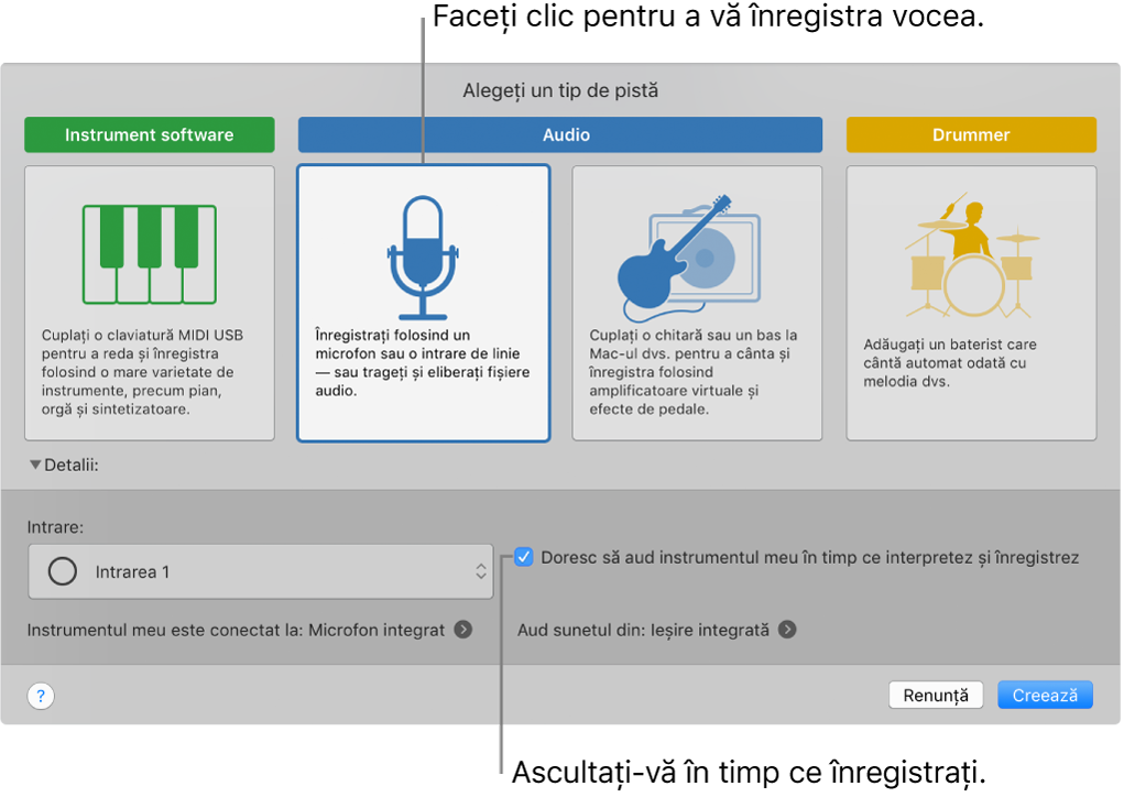 Panou de instrumente GarageBand afișând unde să faceți clic pentru înregistrare vocală și cum să vă auziți atunci când înregistrați.