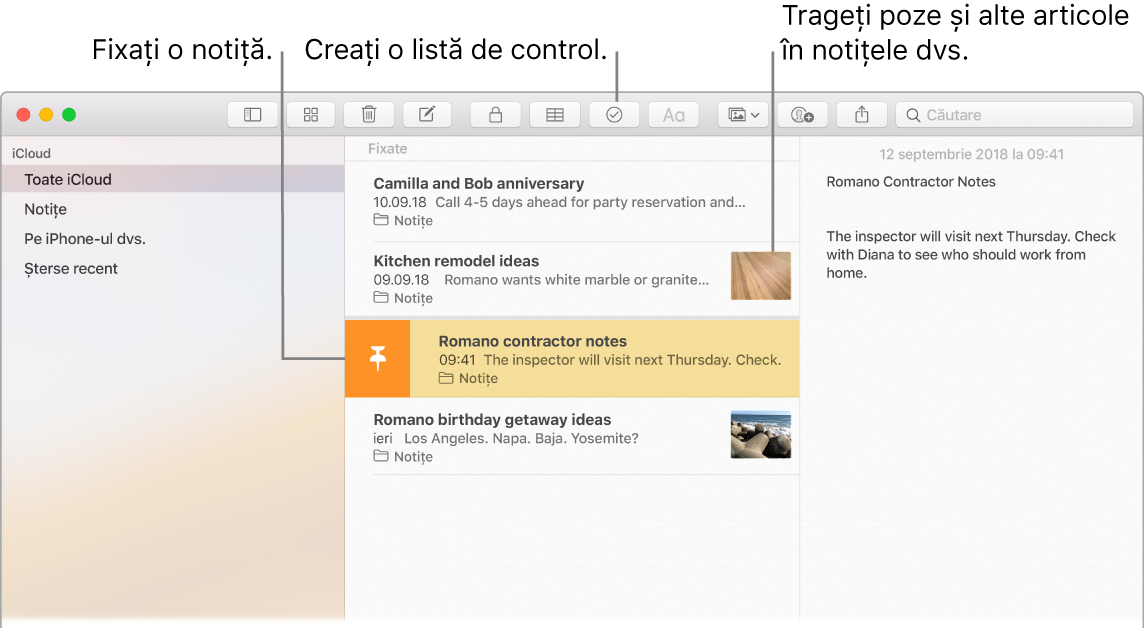 Fereastră Notițe afișând butonul listei de control și modalitatea de a trage o poză într-o notiță.