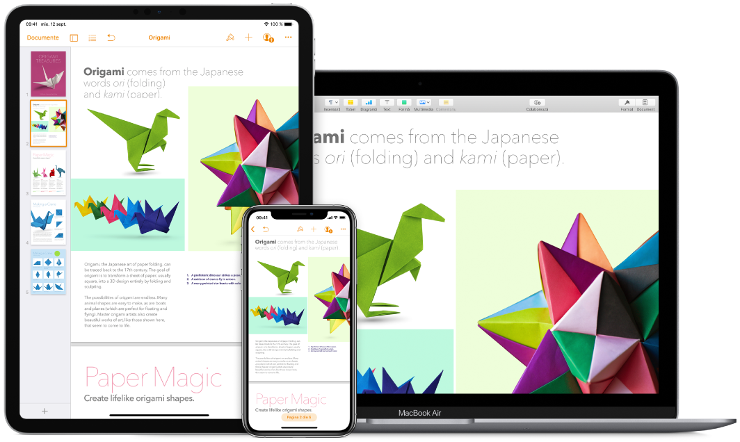 Conținut identic afișat pe un MacBook Air, un iPad și un iPhone.