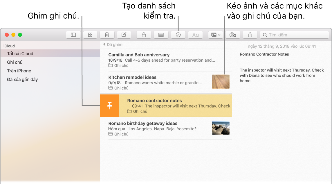 Cửa sổ Ghi chú đang hiển thị nút danh sách kiểm tra và cách kéo ảnh vào một ghi chú.