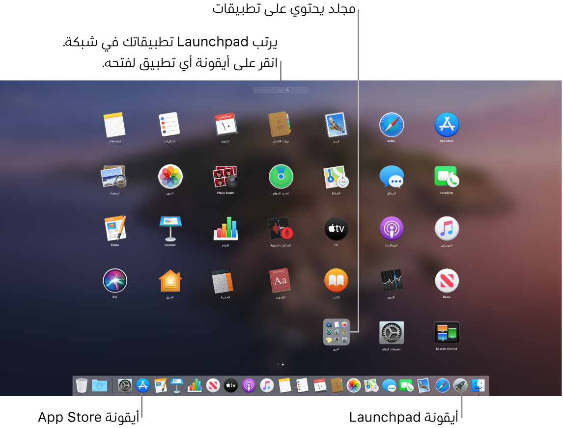 شاشة Mac مفتوح عليها Launchpad، وتعرض مجلد تطبيقات في Launchpad وأيقونة Launchpad وأيقونات App Store في Dock.