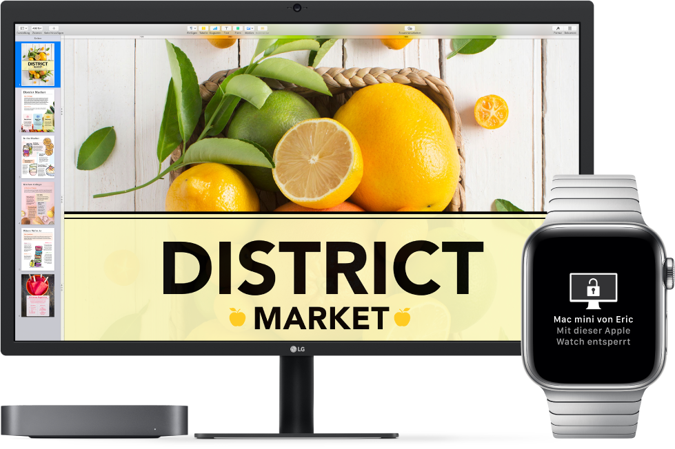 Ein Mac mini mit Bildschirm neben einer Apple Watch zeigt eine Nachricht an, dass der Mac durch die Uhr entsperrt wurde.