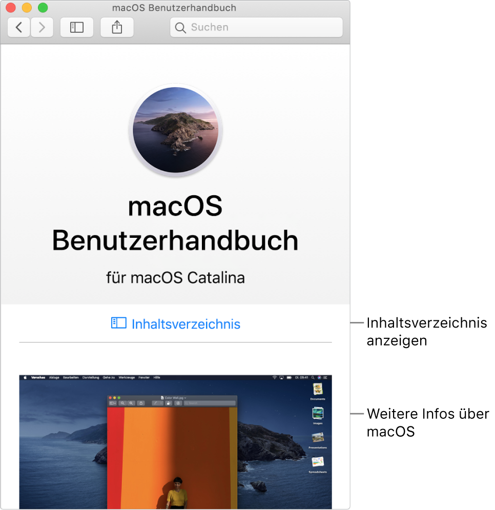 Die Startseite des macOS – Benutzerhandbuchs mit dem Link zum Inhaltsverzeichnis