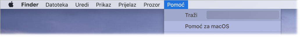 Dio radne površine s otvorenim izbornikom Pomoć, prikazuje opcije izbornika Pretraži i Pomoć za macOS.