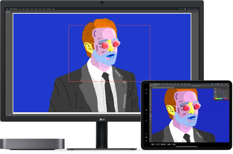 Mac miniとiPadが並んでいます。Mac mini上のIllustratorのナビゲータウインドウ内にアートワークが表示されています。iPad上のIllustratorのドキュメントウインドウにも同じアートワークが表示され、周囲には各種ツールバーが表示されています。