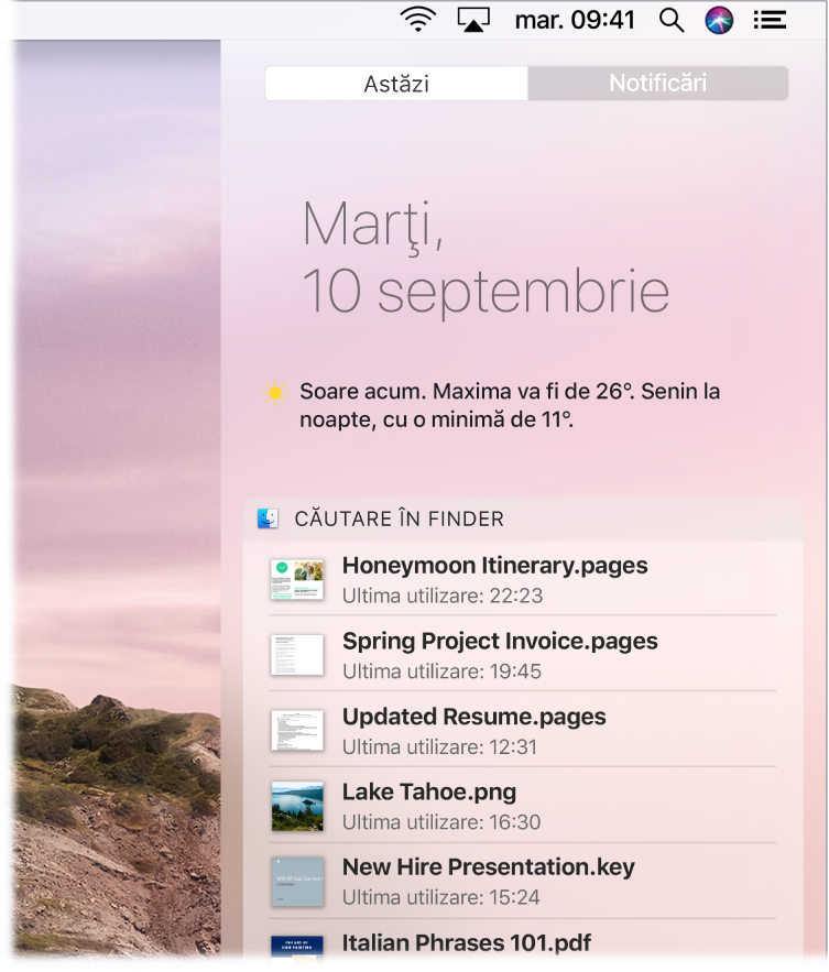 Un ecran parțial de desktop afișând centrul de notificări deschis, cu fila Astăzi selectată.